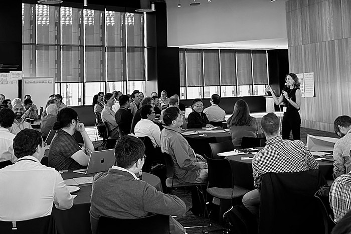 Annemarie Boss standing at the front of a long room, facing several dozen seated participants at tables, with wood panelling and shaded windows behind her.